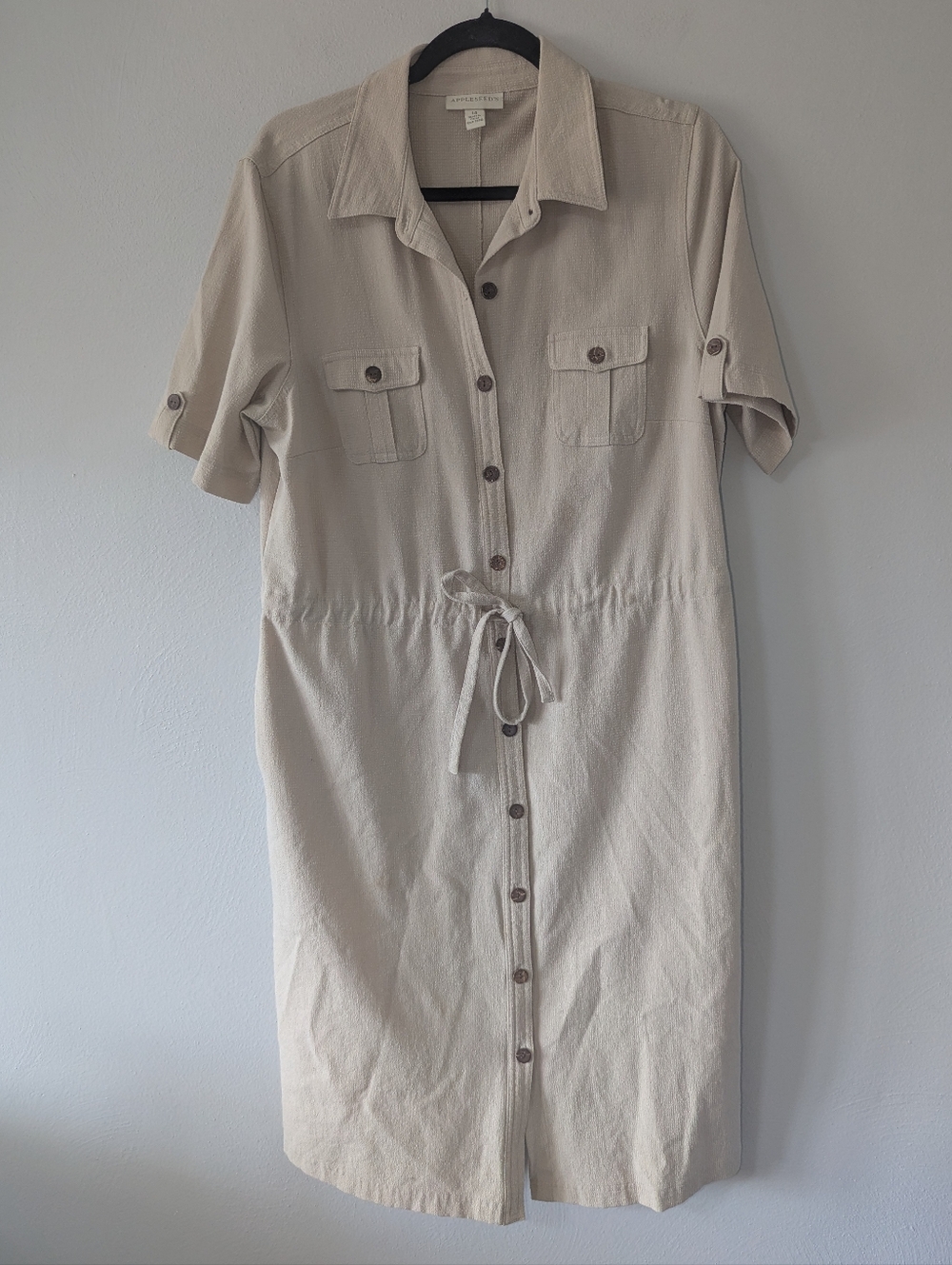 Appleseed's Cream Button-Front Midi Shirt Dress with Waist Tie